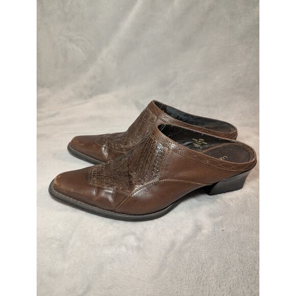 Vintage Liz Claiborne Brown Leather Mules Square Toe Basket Weave Womens 7.5 - Picture 4 of 9